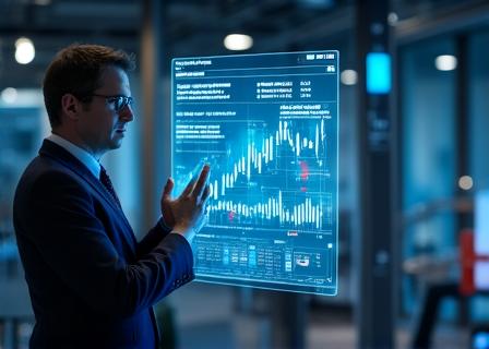 Financial data analyst looking at glowing digital stocks and charts
